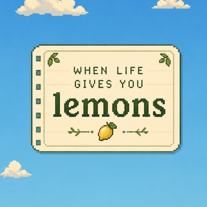 When Life Gives You Lemons — a hand-drawn pixel-art logo on a sunny sky